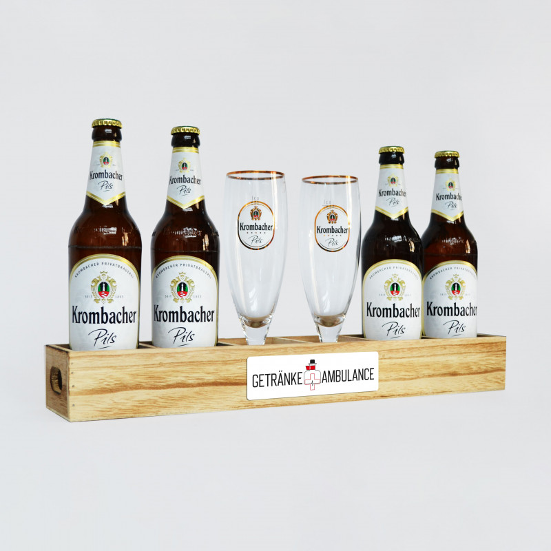 Halber Biermeter mit Krombacher Pils und zwei Gläser